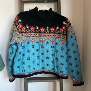 Icelandic Design Floral Patterned Blue and Black Wool Sweater